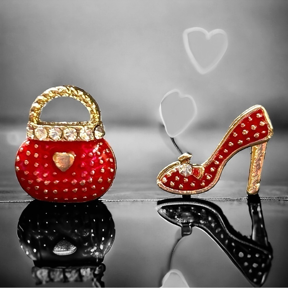 Red Rhinestones High Heel & Purse Earrings